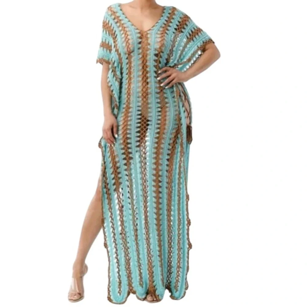 Crochet Tunic,coverup,Turquoise,brown dress,Bohemian,Swim,M/L,New - Picture 2 of 12